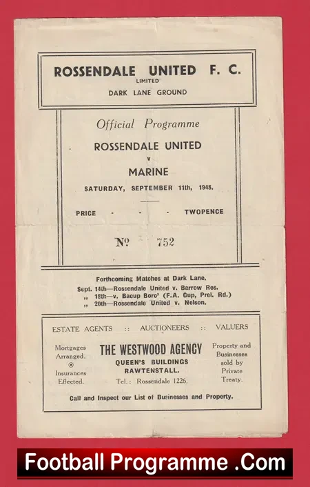 Rossendale United v Marine 1948 – 1940s Football Programme