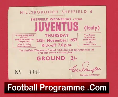 Sheffield Wednesday v Juventus 1957 – Football Ticket