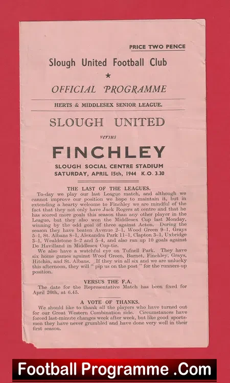Slough United v Finchley 1944 – War Time Football Memorabilia