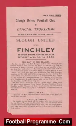 Slough United v Finchley 1944 – War Time Football Memorabilia