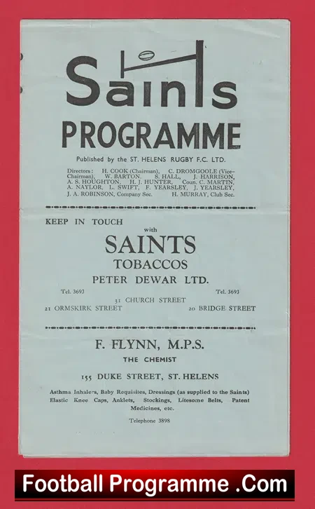 St Helens Rugby v Workington Town 1955 – 1950s
