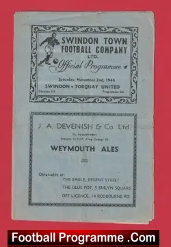 Swindon Town v Torquay United 1946 – 1940’s Programme