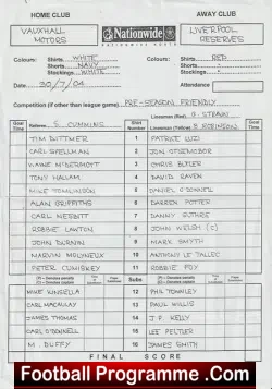 Vauxhall Motors v Liverpool 2004 - Reserves Match Sheet - football programme
