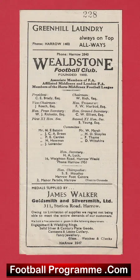 Wealdstone v Finchley 1944 – War Time Programme