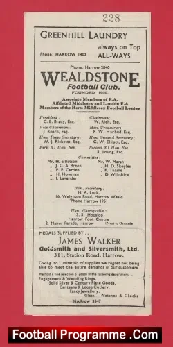 Wealdstone v Finchley 1944 – War Time Programme
