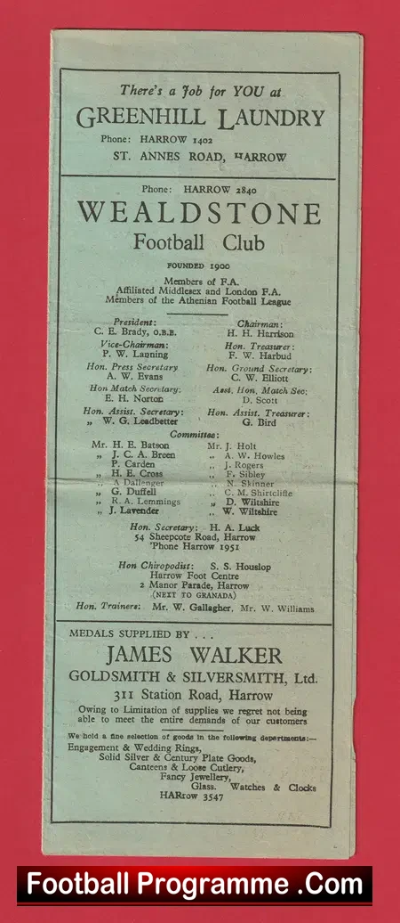 Wealdstone v Leytonstone 1948 – 1940s Programme