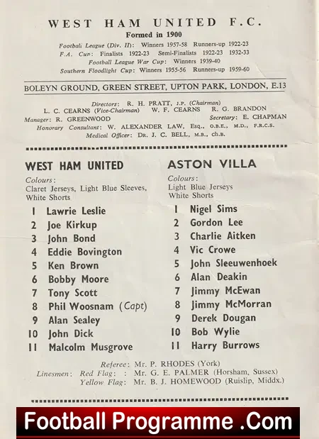 West Ham United v Aston Villa 1962