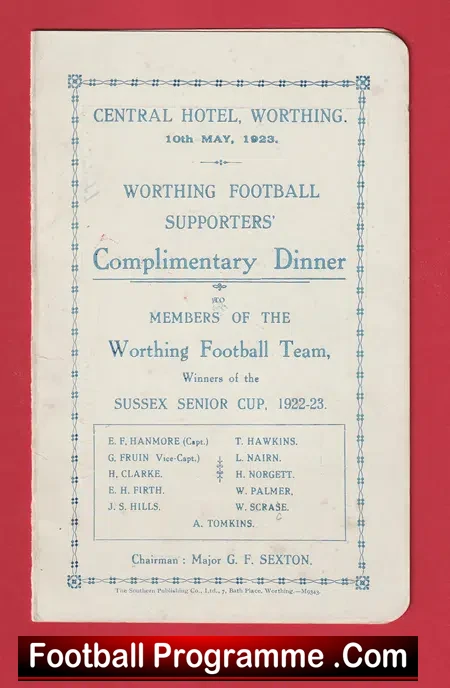 Worthing Football Club Dinner Menu 1922 – 1923 Multi SIGNED