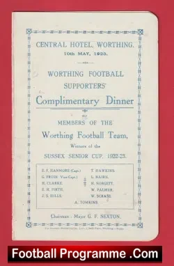 Worthing Football Club Dinner Menu 1922 – 1923 Multi SIGNED