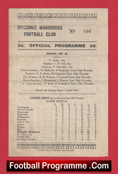 Wycombe Wanderers v Southall 1947 – FA Cup 1940s Programme