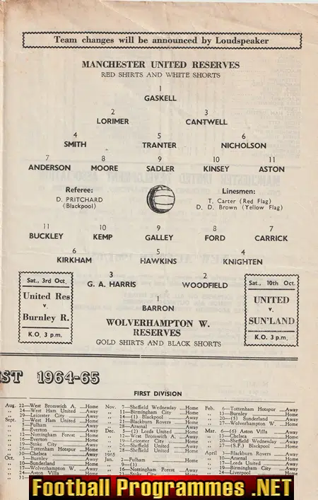 Manchester United v Wolves 1964 - Man Utd Reserves Match