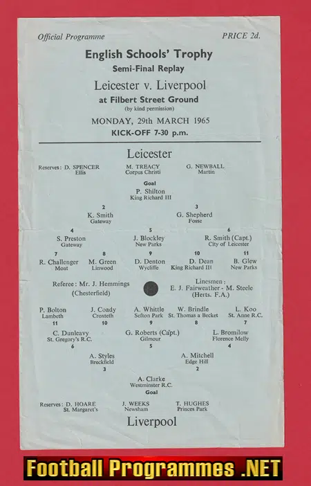 Leicester v Liverpool 1965 – School Boys Semi Final Replay