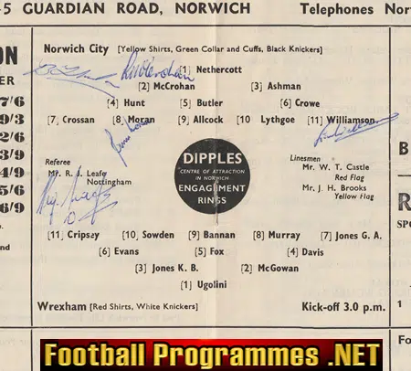 Norwich City v Wrexham 1958 - Multi Autographed SIGNED