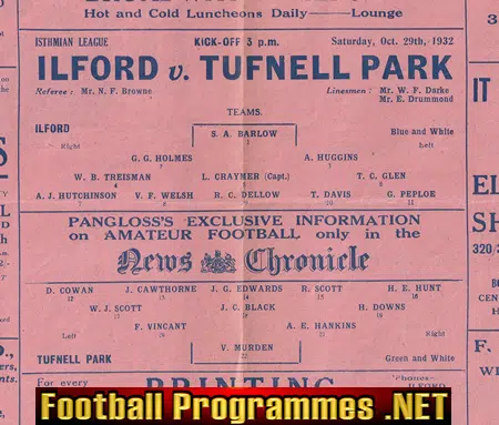 Ilford v Tufnell Park 1932 - 1930s Football Programme