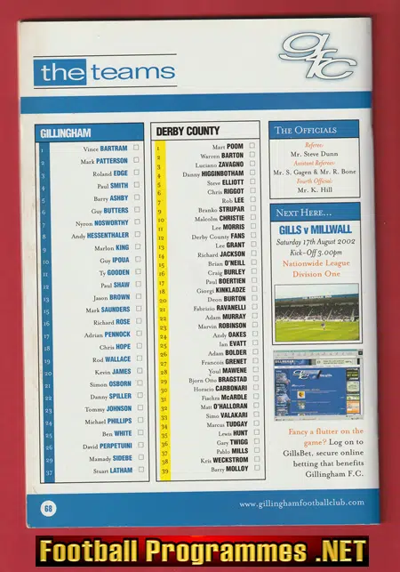 Gillingham v Derby County 2002 - Multi Autographed SIGNED
