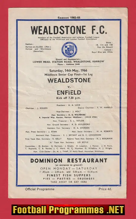 Wealdstone v Enfield 1966 – Middlesex Senior Cup Final