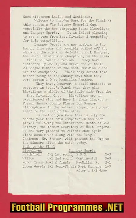 Llewellyns v Langney Sports 1973 Vic Bettney Memorial Cup Final