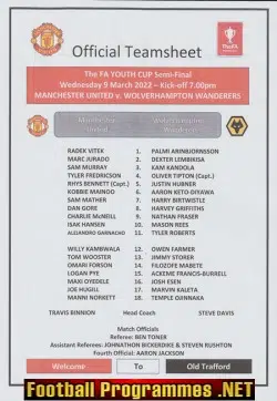 Manchester United v Wolves 2022 - FA Youth Cup Semi Final