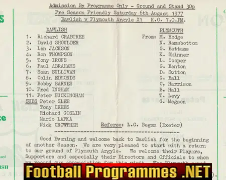 Dawlish v Plymouth 1977 - Pre Season Friendly Match