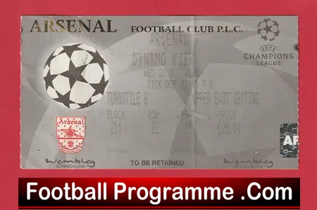Arsenal v Dynamo Kiev 1998 – Champions League Football Ticket