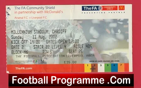 Arsenal v Liverpool 2002 – Ticket Community Shield at Cardiff
