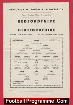 Bedfordshire v Hertfordshire 1953 - Home Counties Dunstable Town - football programme