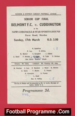 Belmont v Cuddington 1957 - Senior Cup Final at Morden - football programme