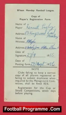 Birmingham Monday Football League Players Registration Card 1956 - football programme