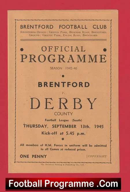 Brentford v Derby County 1945 – Old Football Programme