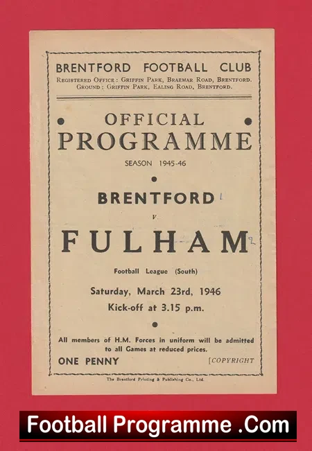 Brentford v Fulham 1946 – 1940’s Programmes