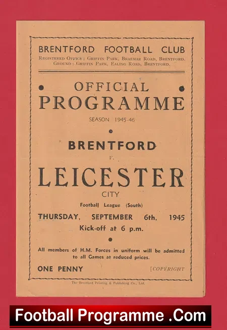 Brentford v Leicester City 1945 – Official Football Programme