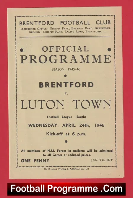 Brentford v Luton Town 1946 – 1940’s Sports Memorabilia