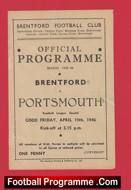 Brentford v Portsmouth 1946 – 40’s Programme