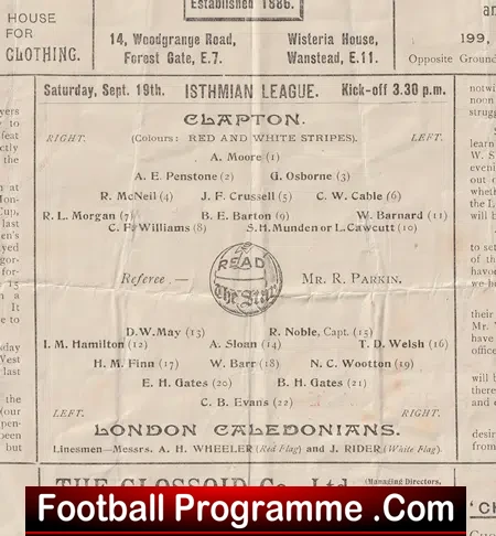 Clapton v London Caledonians 1925 - 1920s Football Programmes