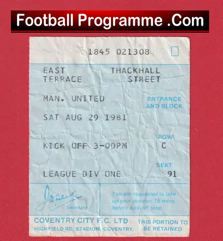 Coventry City v Manchester United 1981 – Football Ticket