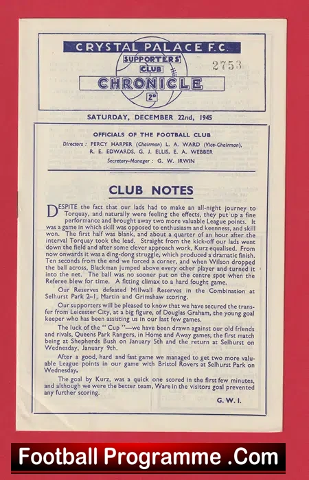 Crystal Palace v Torquay United 1945 – 1940’s Programme