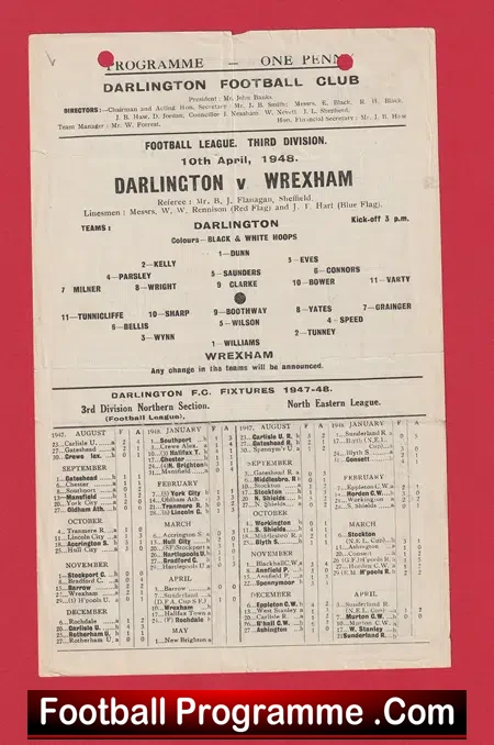 Darlington v Wrexham 1948 – 1940s Programmes