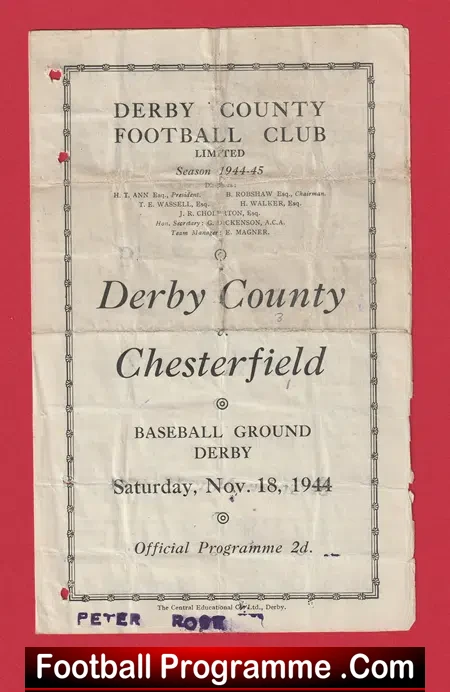Derby County v Chesterfield 1944 – War Time Issue – To clear!