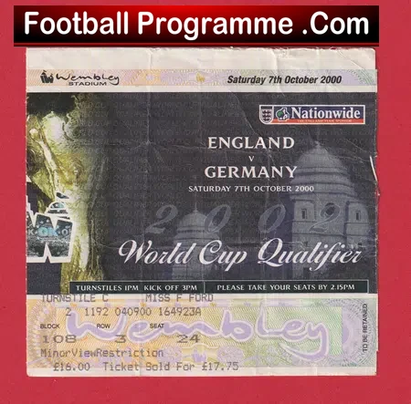 England v Germany 2000 – Football Ticket Wembley Last Game