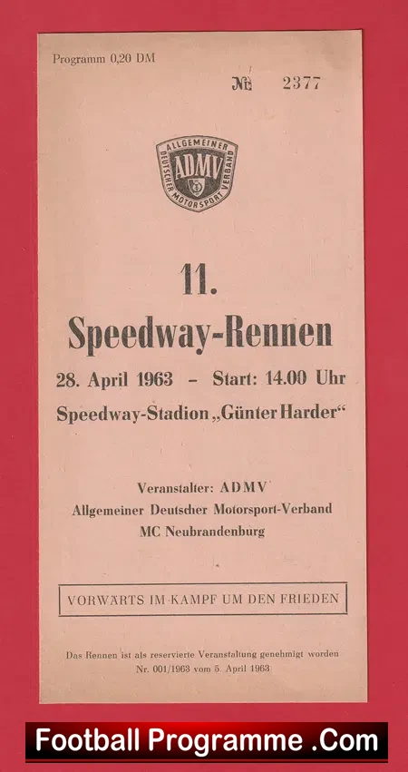 Germany Speedway Programme 1963 – Nuremberg German Renne