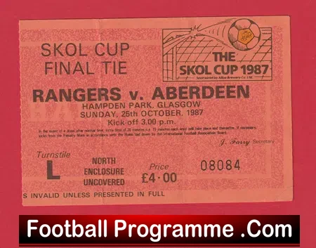Glasgow Rangers v Aberdeen 1987 – Cup Final Ticket