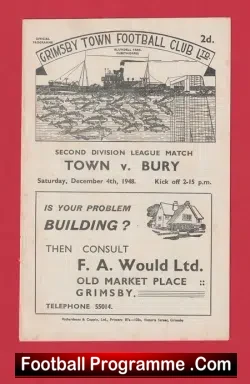 Grimsby Town v Bury 1948 – 1940’s Football Programmes