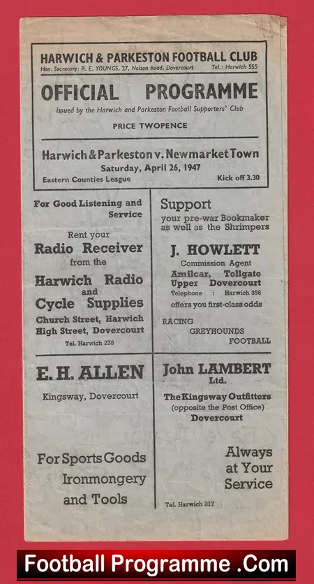 Harwich Parkeston v Newmarket Town 1947 – 1940s Programme