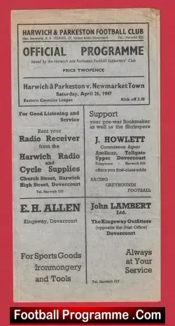 Harwich Parkeston v Newmarket Town 1947 – 1940s Programme