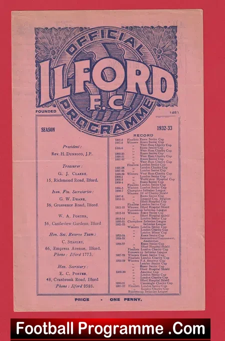 Ilford v Clapton 1932 – 1930’s Football Programme