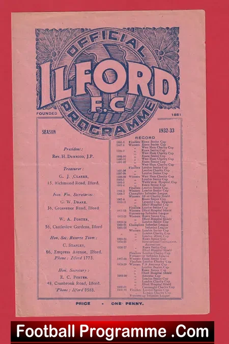 Ilford v Tufnell Park 1932 – 1930s Football Programme