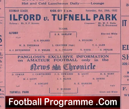 Ilford v Tufnell Park 1932 - 1930s Football Programme