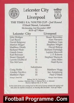 Leicester City v Liverpool 1997 - Youth Cup at Filbert Street - football programme