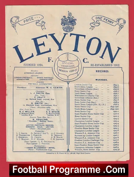 Leyton v Dulwich Hamlet 1931 – 1930’s Pre War Football Programme