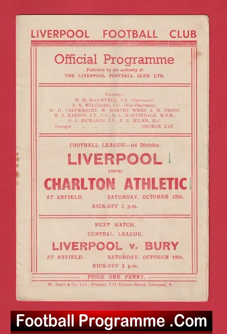 Liverpool v Charlton Athletic 1946 – 1940s Programmes
